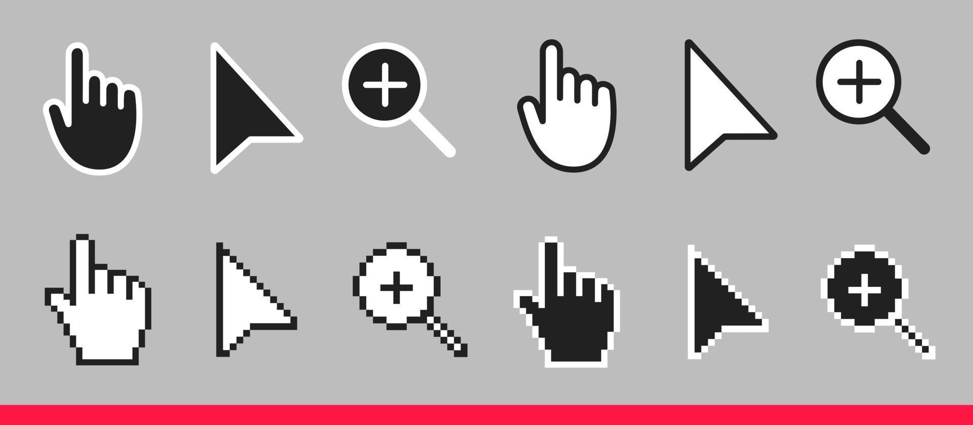 flecha en blanco y negro, mano y lupa iconos de cursor de ratón sin píxeles conjunto de ilustraciones vectoriales. vector