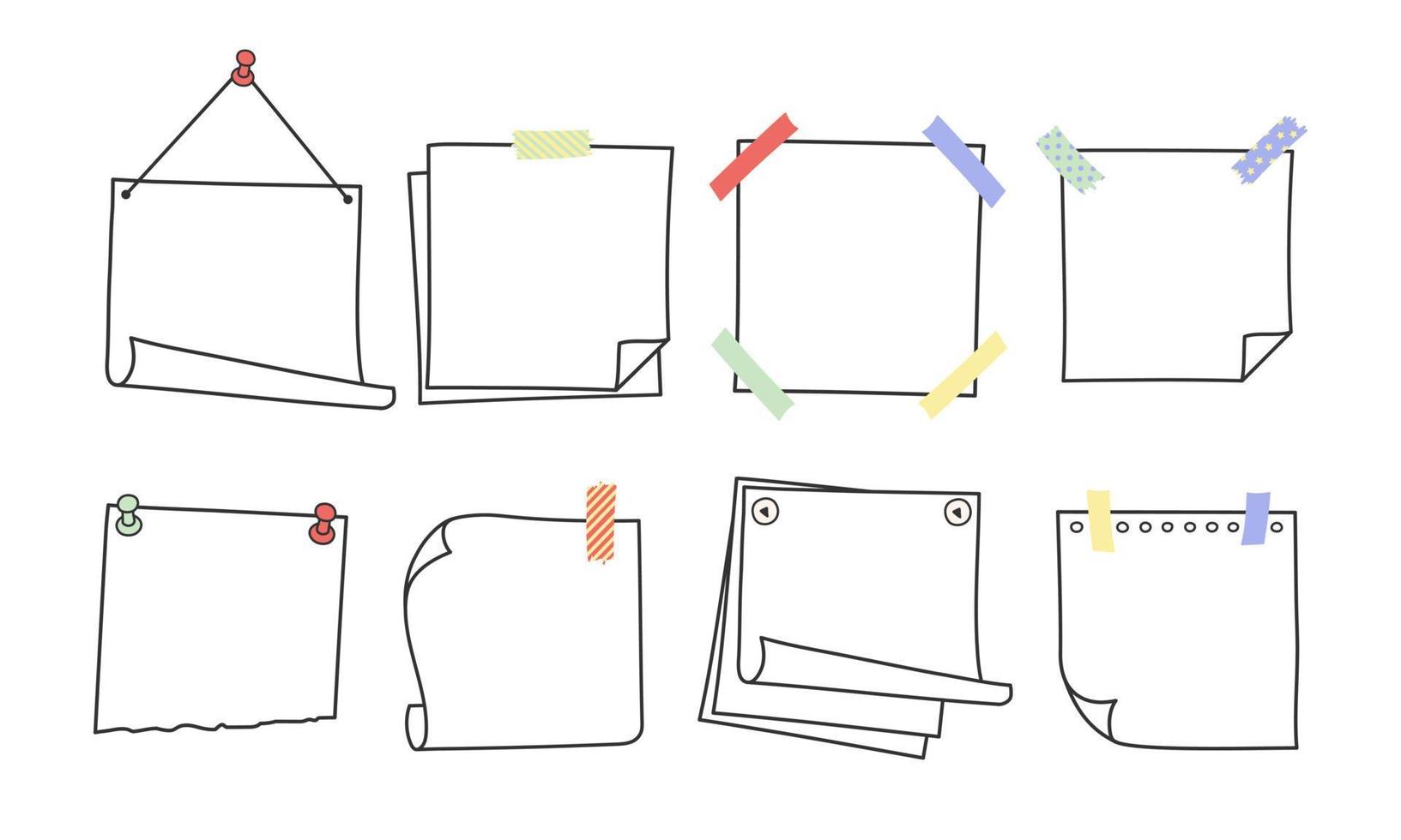 Doodle hand drawn memo notes and reminders vector illustration set.