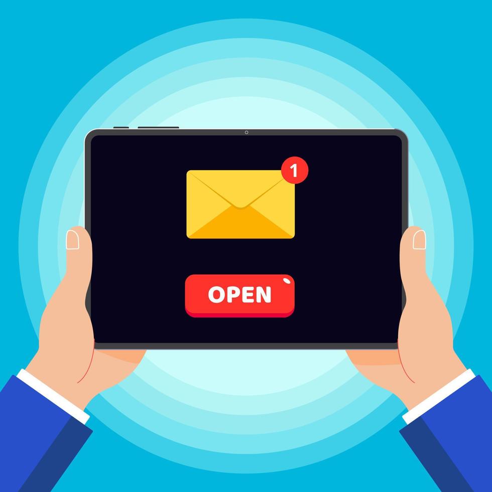 Hands hold tablet pad device with envelope document paper sheet page check mark tick, no text icon vector illustration flat design isolated on blue background. Symbol receiving e-mails confirm