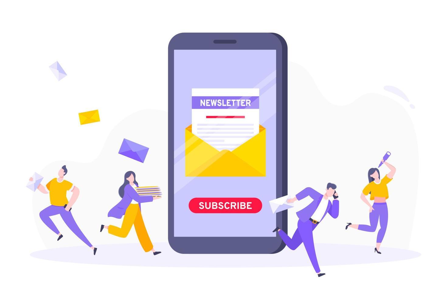 Subscribe now to our newsletter vector illustration with tiny people working with smartphone, envelope and newsletter.