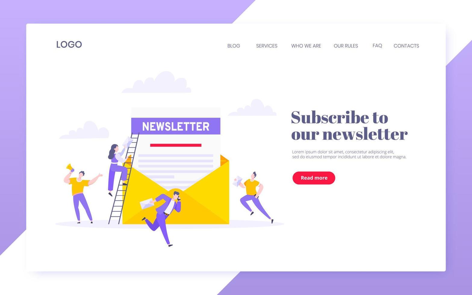 Subscribe now to our newsletter vector illustration with tiny people working with envelope and newsletter.