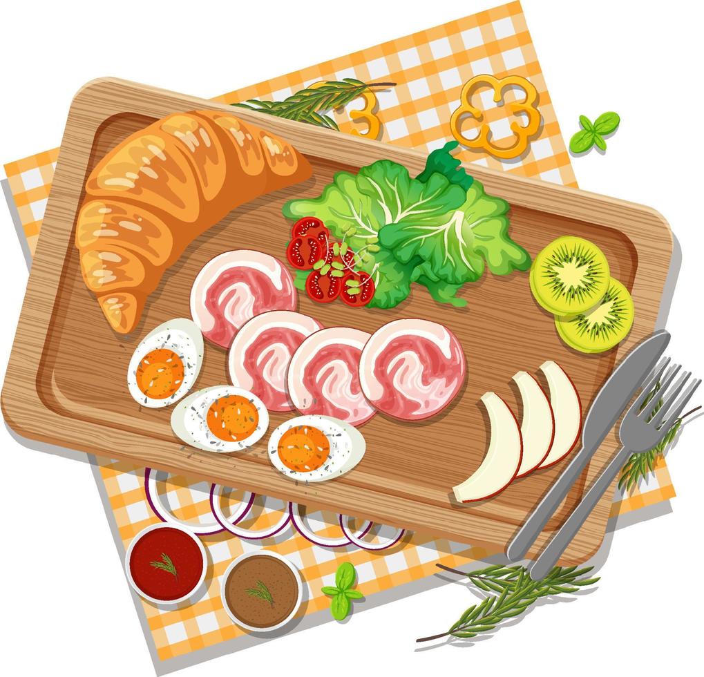 Top view of breakfast on a wooden tray vector