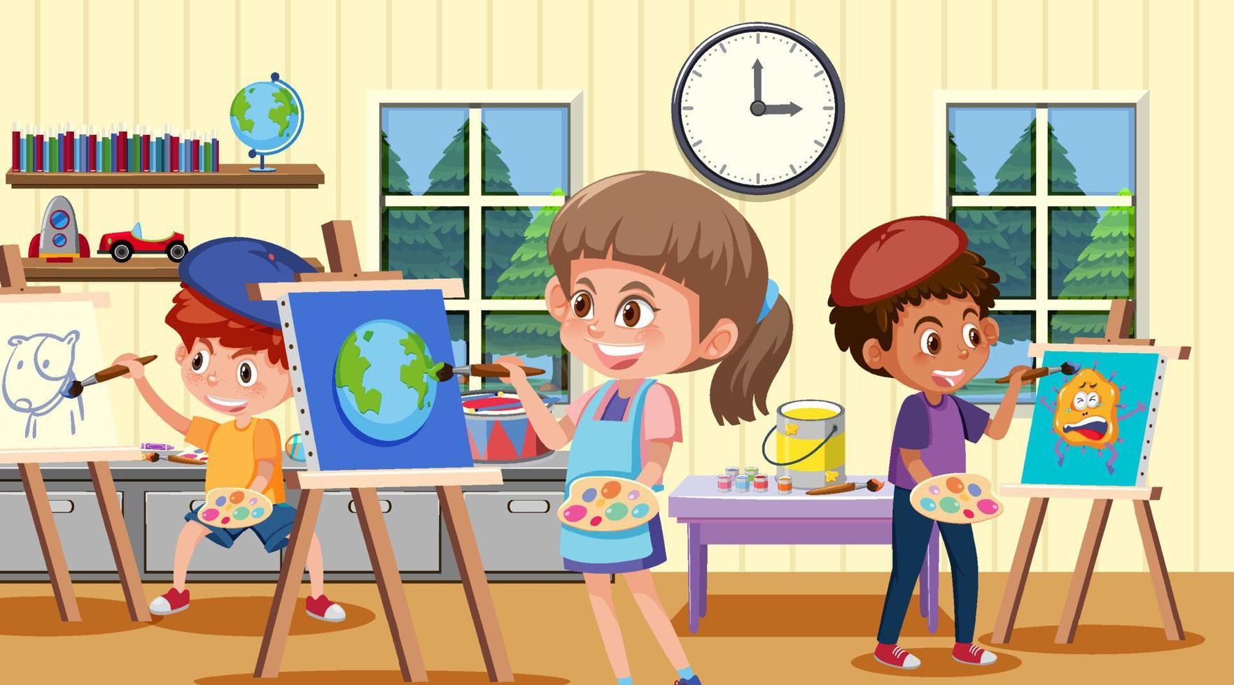 aula de arte escolar con niños estudiantes vector