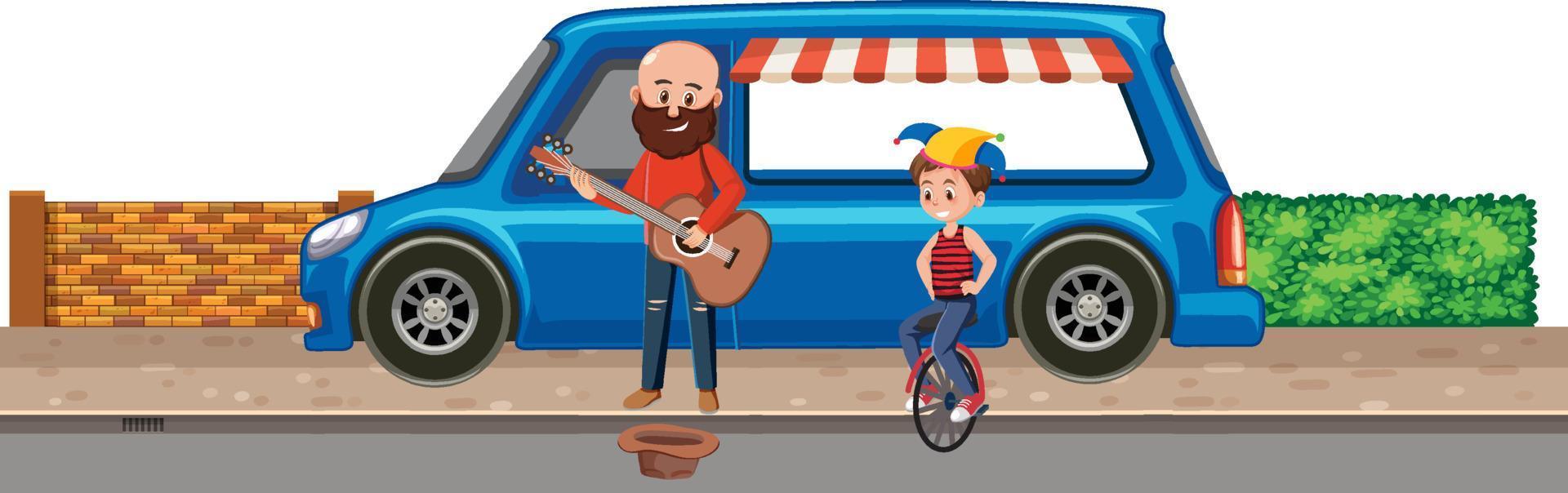 People playing guitar on the sidewalk vector