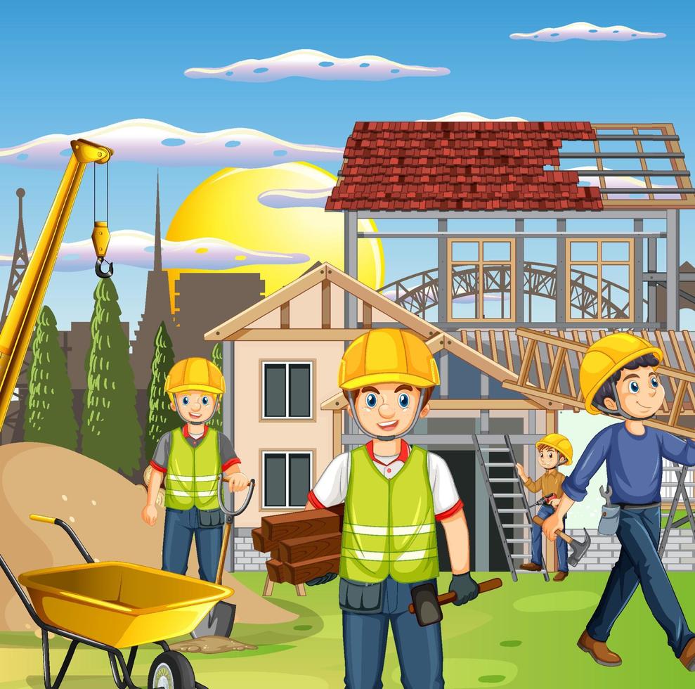 Building construction site with workers vector