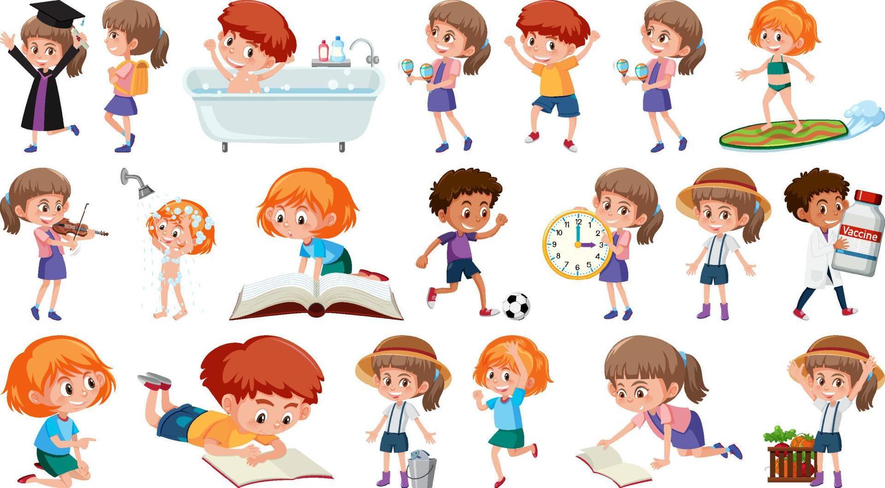 Set of children doing different activities on white background vector