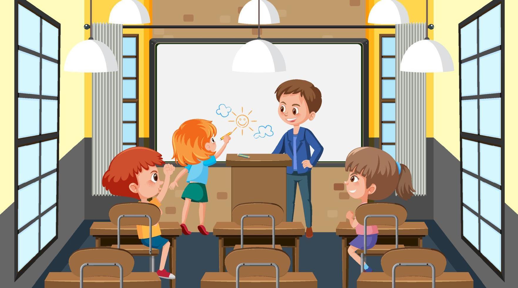 School classroom with student kids vector