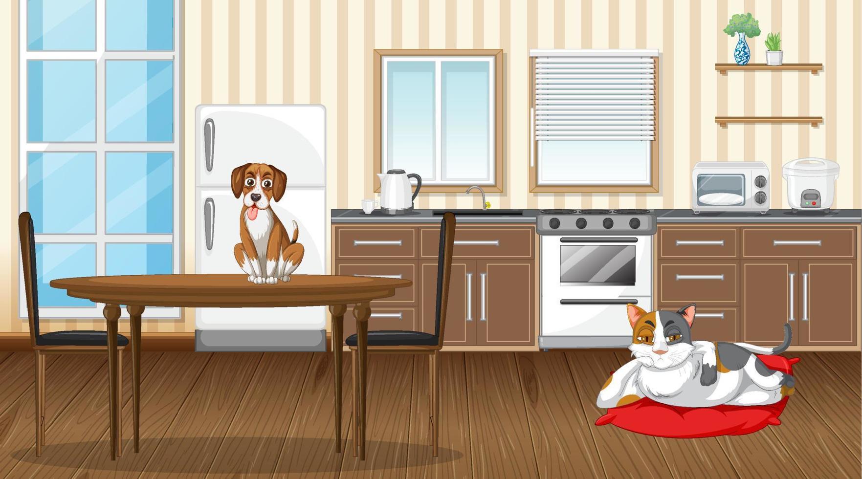 Set of different domestic animals in kitchen vector