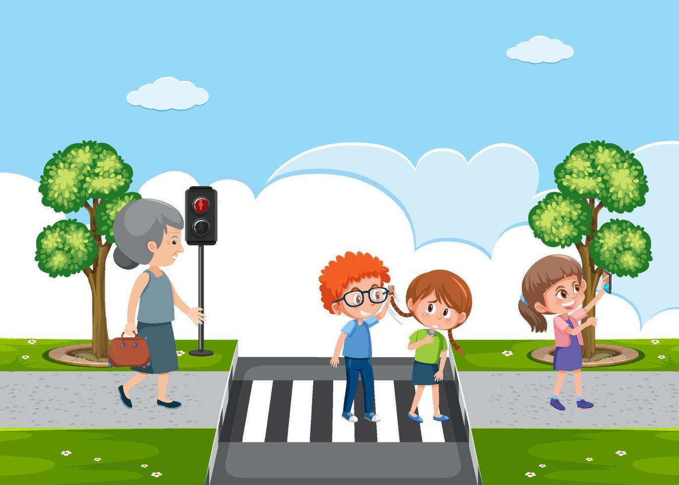 Crosswalk outdoor scene with cartoon character vector