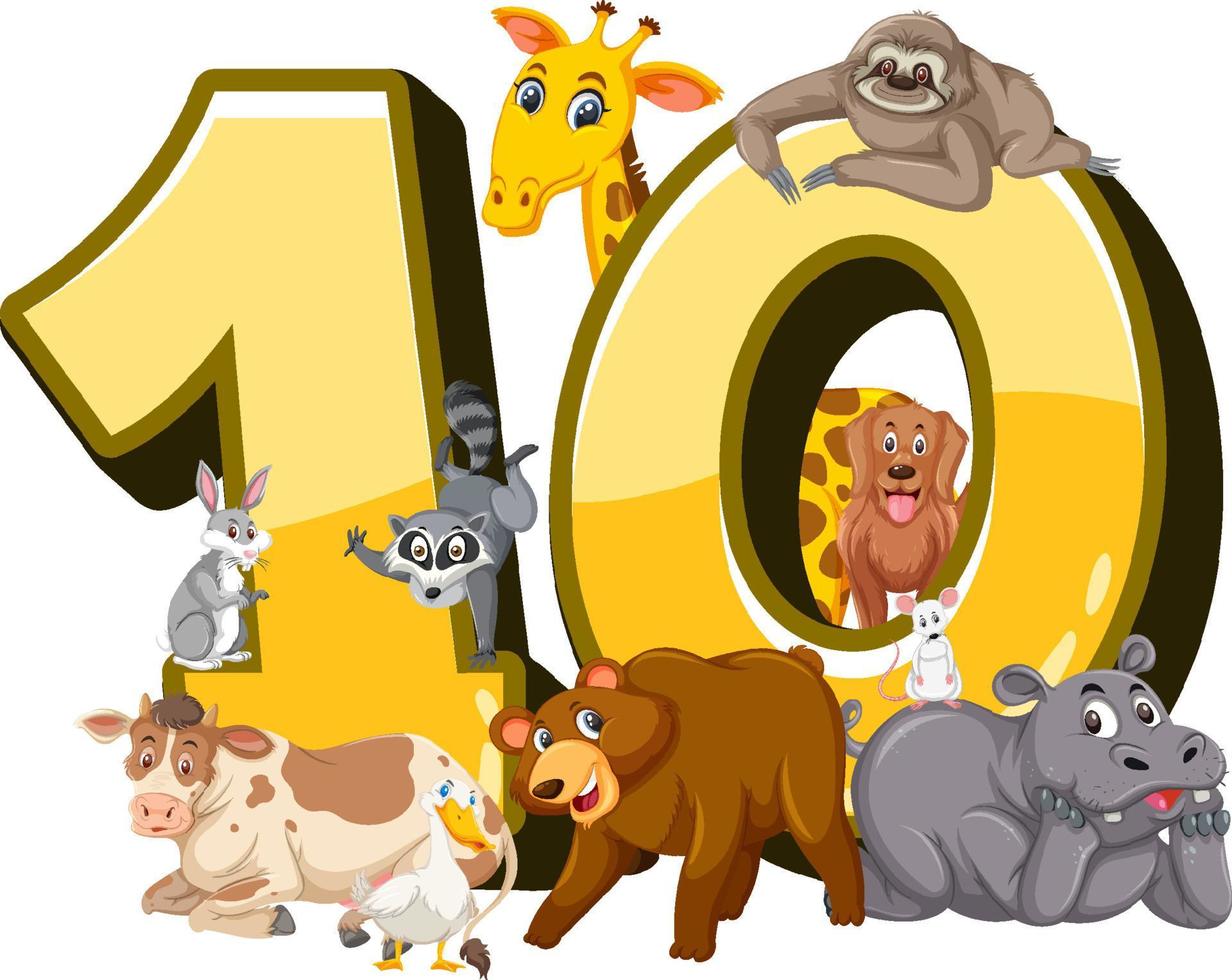 Different ten animals attached to number ten vector