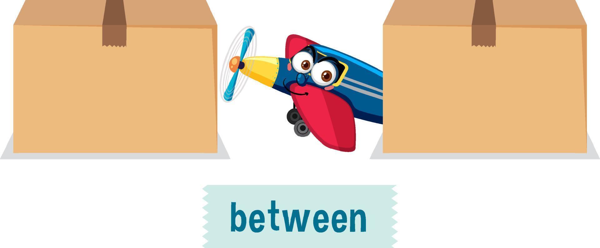 Preposition wordcard with airplane between boxes vector