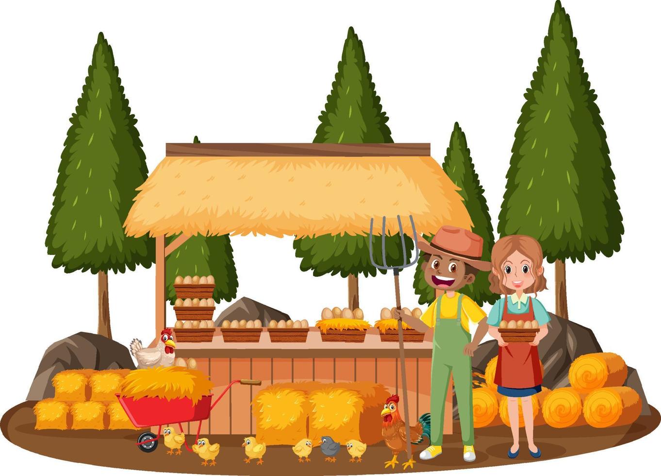 Farmers with fresh eggs and chickens vector