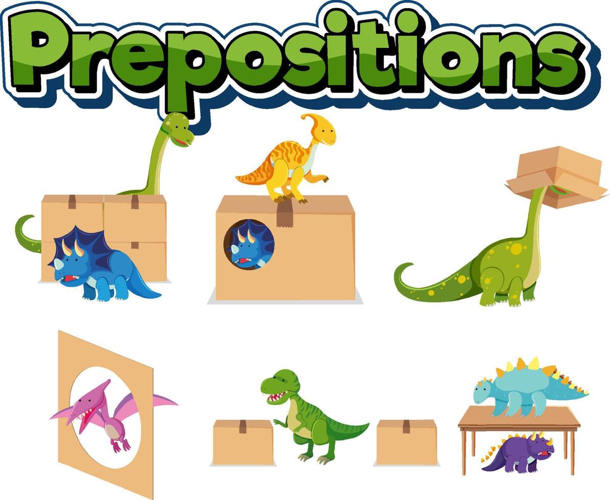 Preposition wordcard with dinosaur and box vector