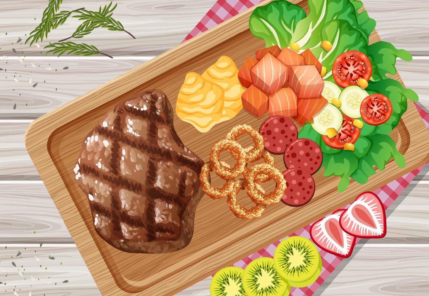 Top view of meat steak on wooden tray vector