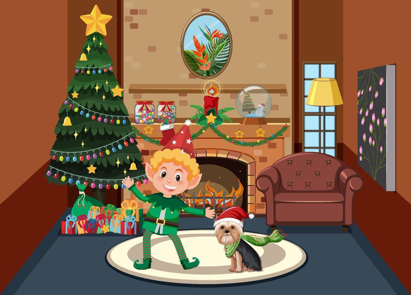 tema navideño con duende y perro vector