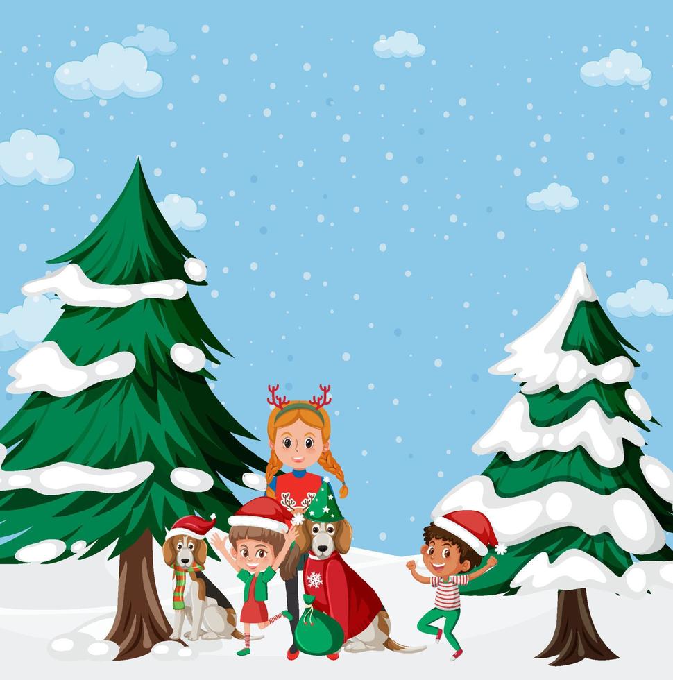 Christmas theme with children and dogs vector
