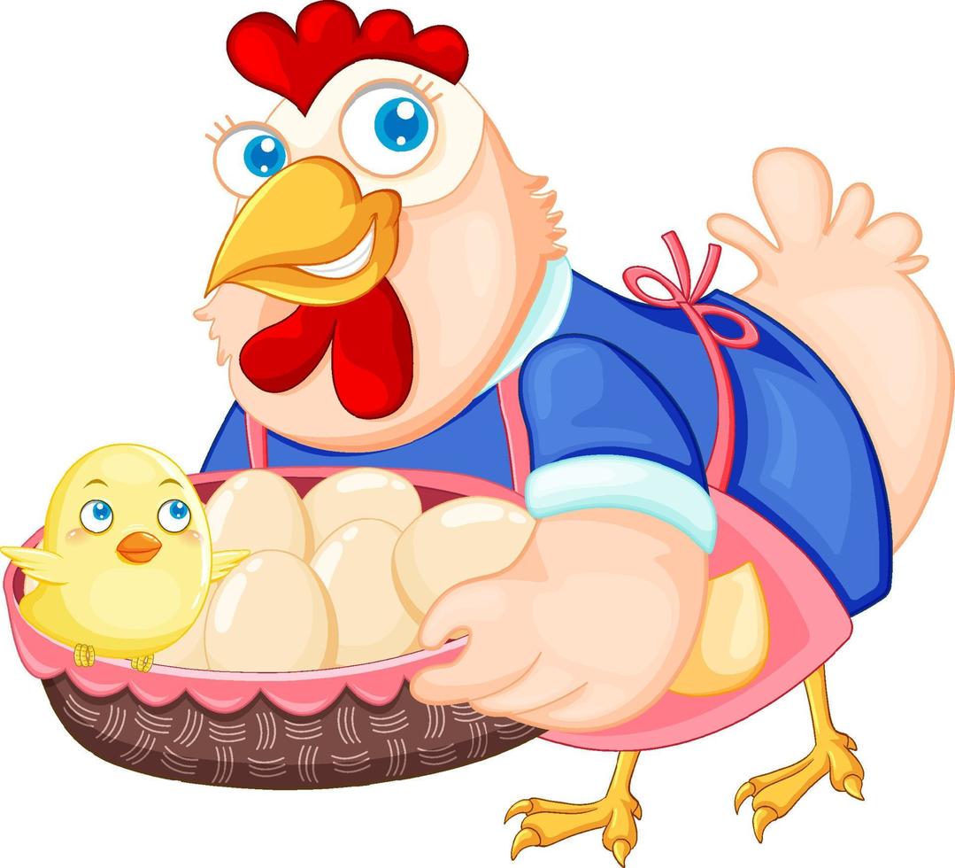 Cute chicken cartoon character holding a basket of eggs and chick vector