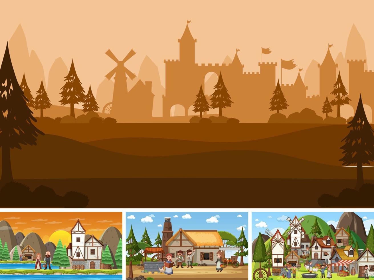 Set of different scene medieval with silhouette vector