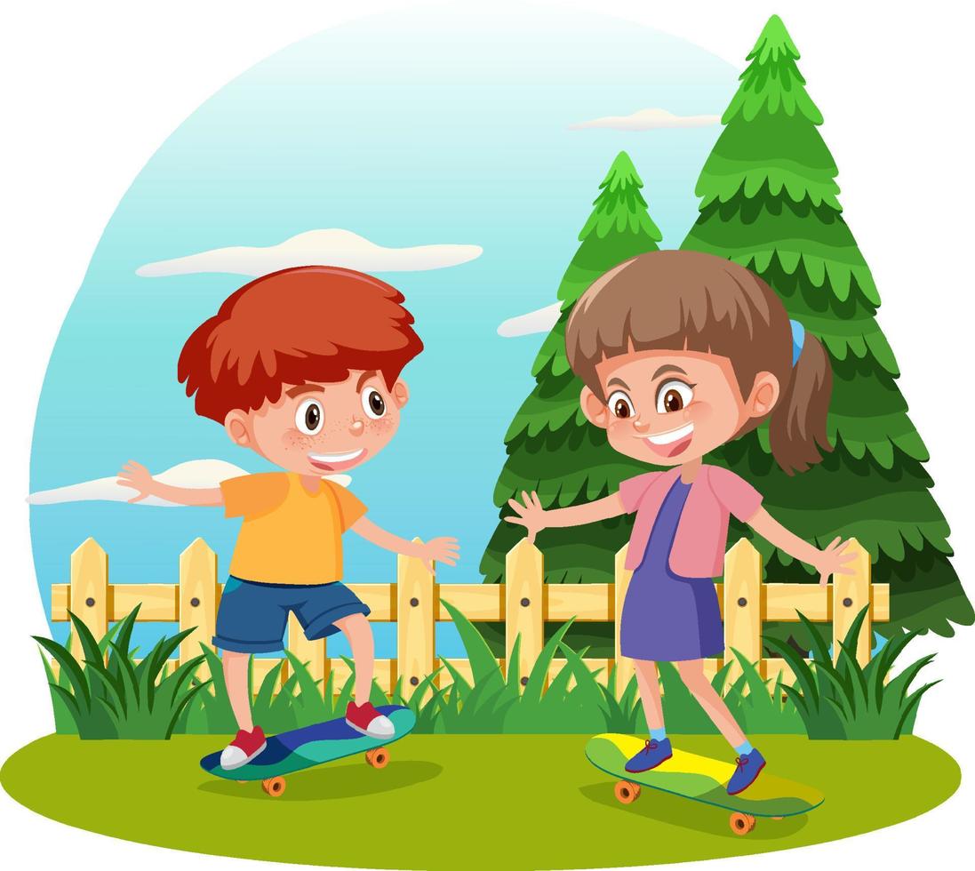 Two kids playing skateboard in the park vector