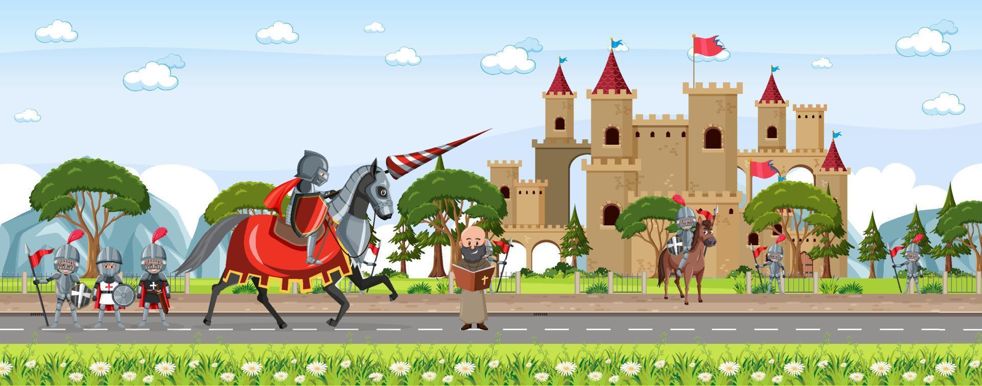 Medieval town scene with villagers and castle vector