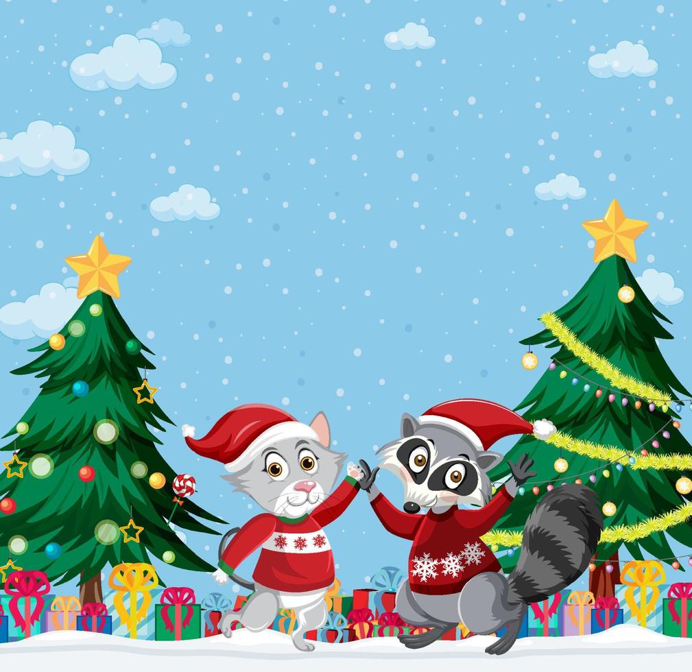 Christmas holidays with cat and raccoon vector