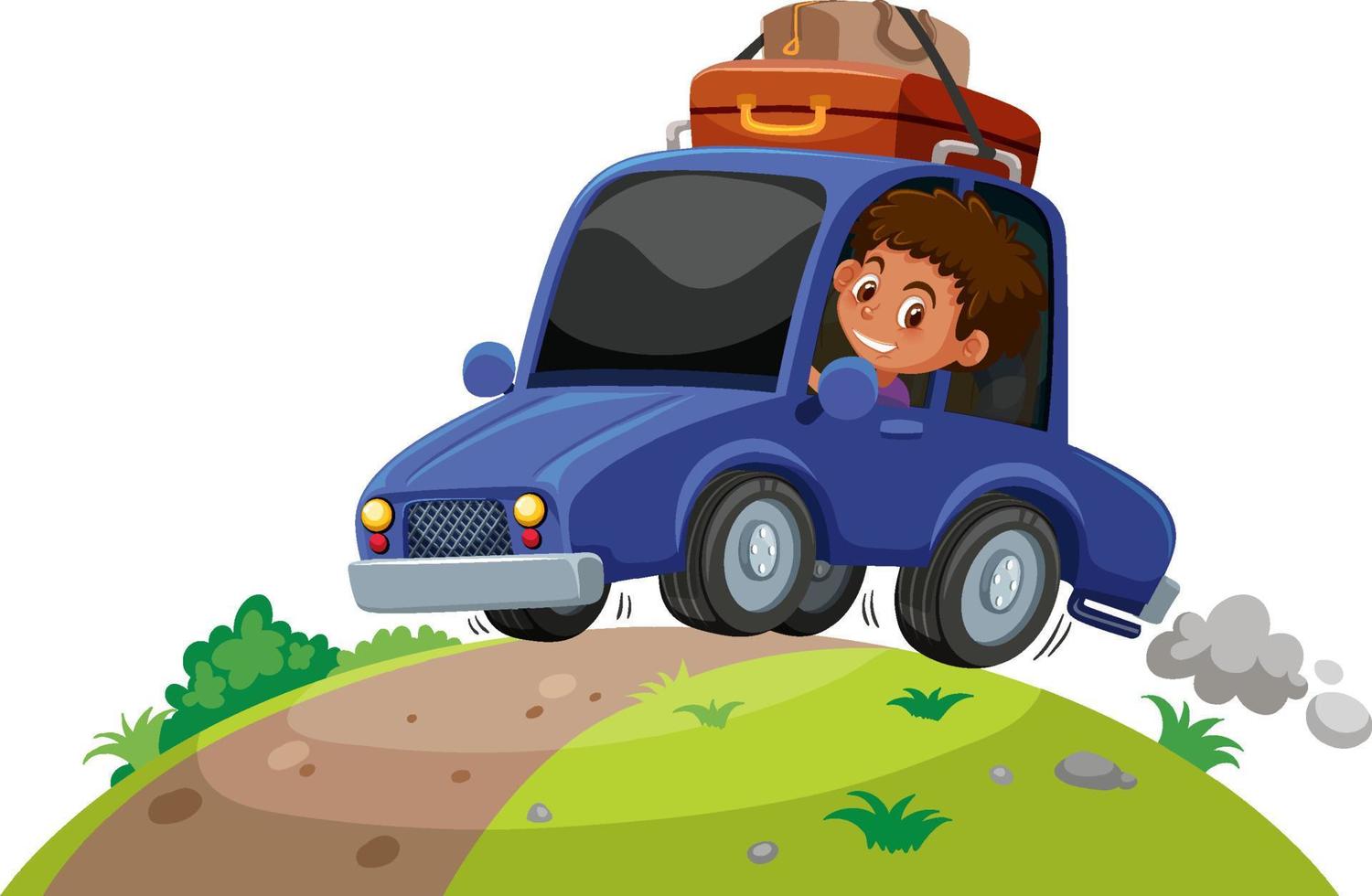 A boy in a road trip travel car vector