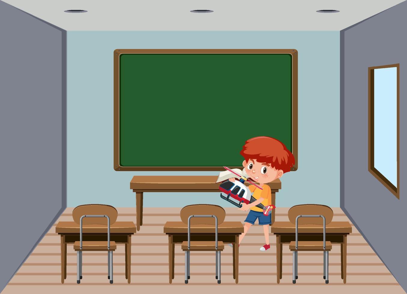 Classroom scene with a boy holding his helicopter toy vector