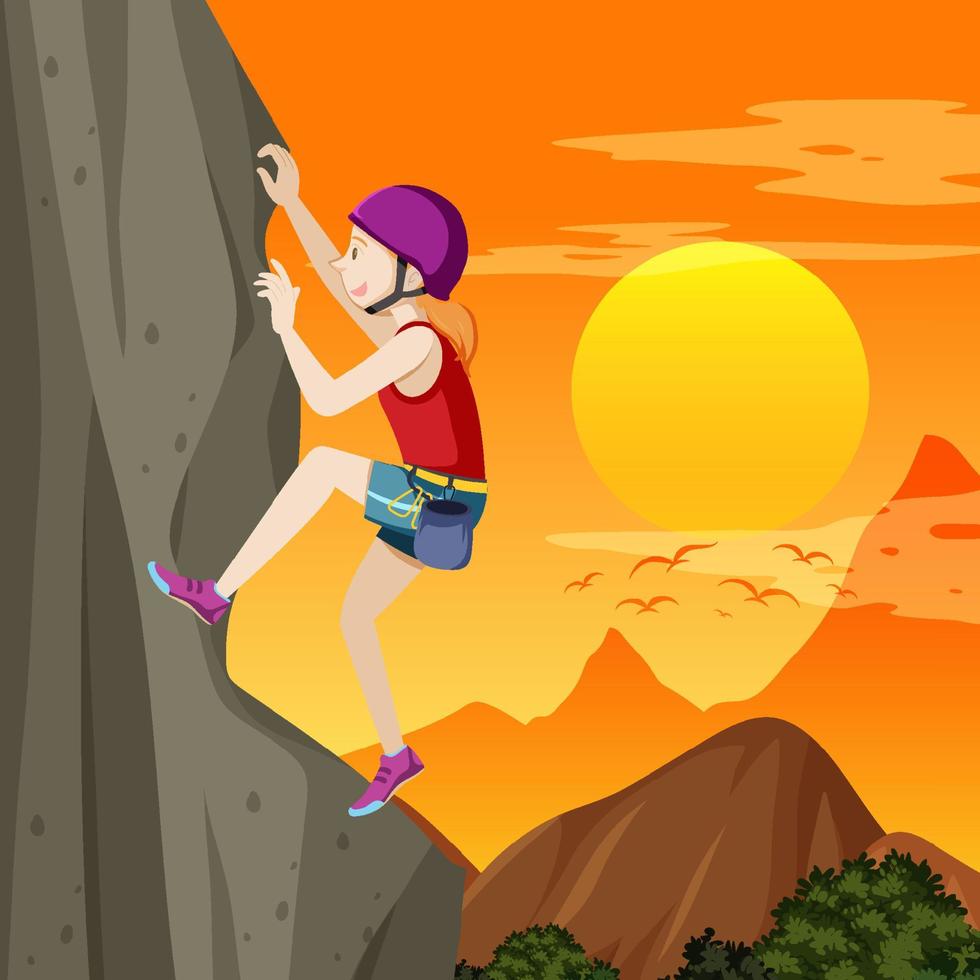 Rock climber on cliff at sunset time vector
