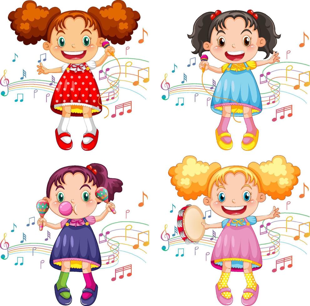 conjunto de niña feliz con instrumentos musicales vector