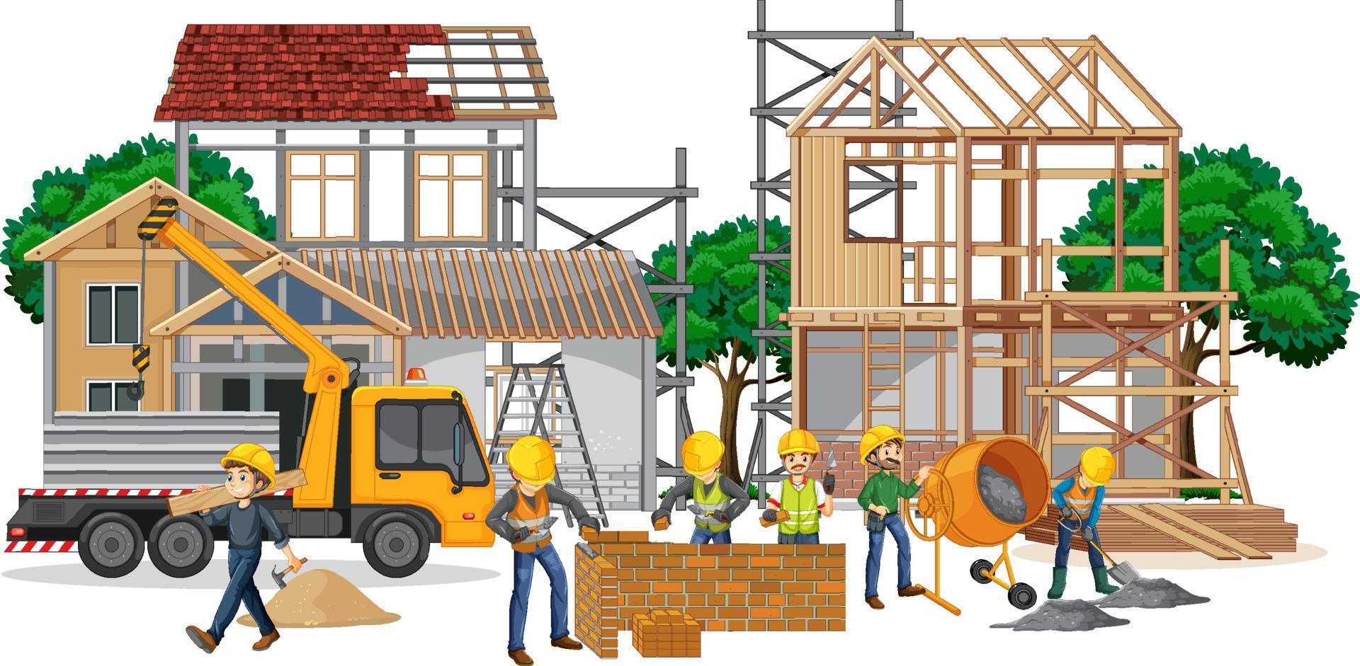 Isolated construction site with workers vector