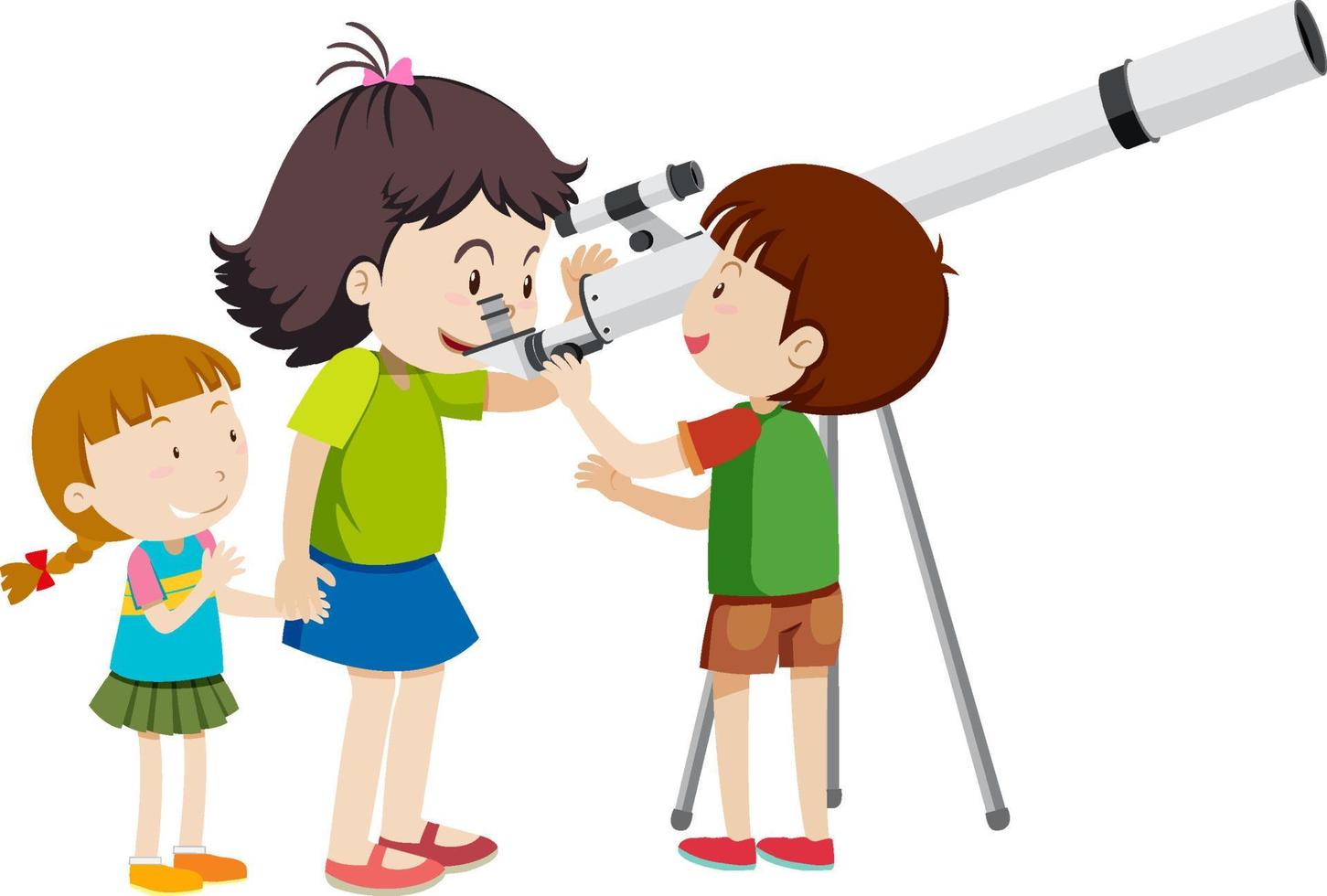 niños mirando por telescopio vector