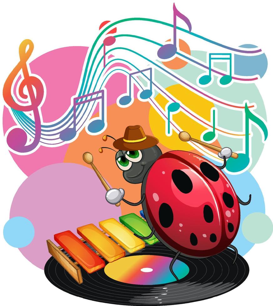 dibujos animados de mariquita con símbolos de melodía musical vector