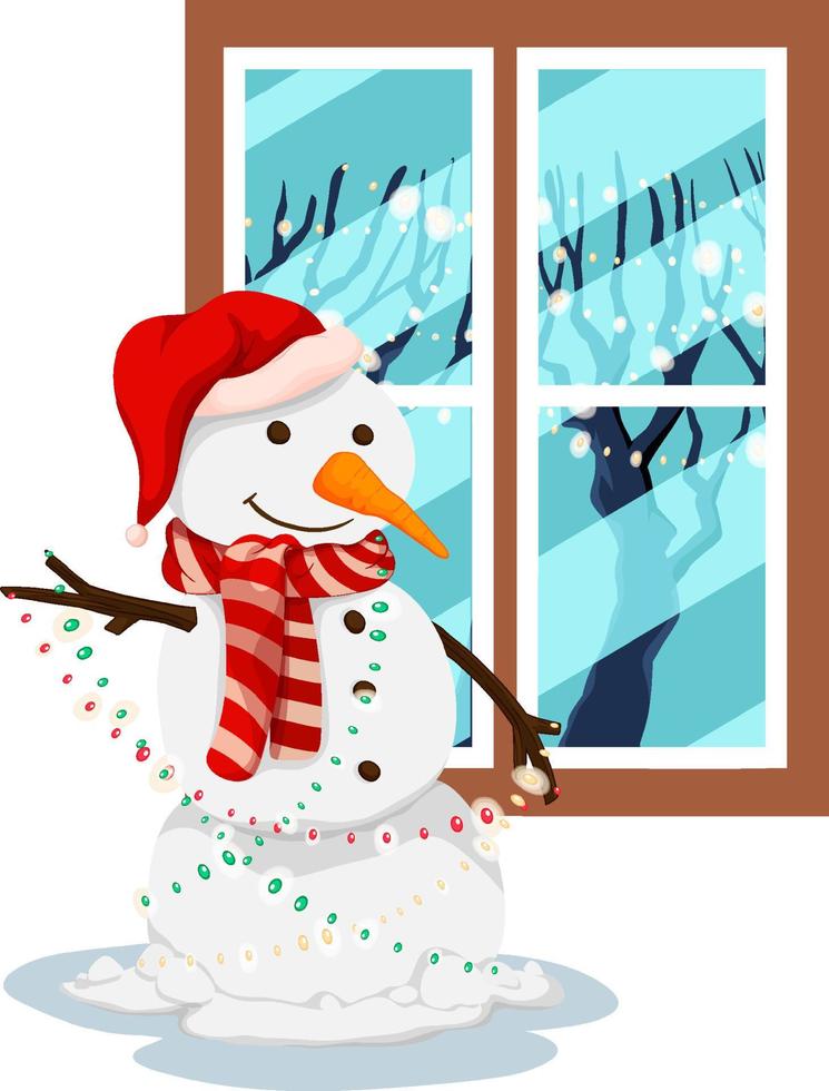 Snowman with lights by the window vector