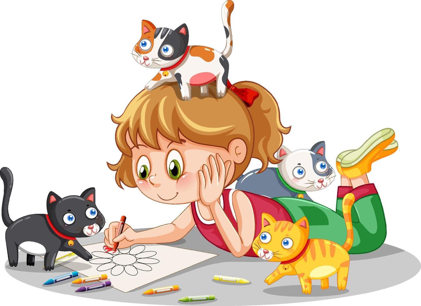 A girl drawing picture with cats nearby vector