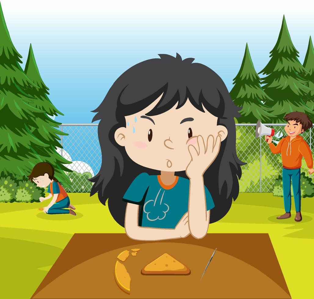 A woman playing scratch dalgona cookie at the park vector