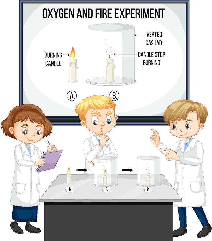 Scientist kids with oxygen and fire experiment vector