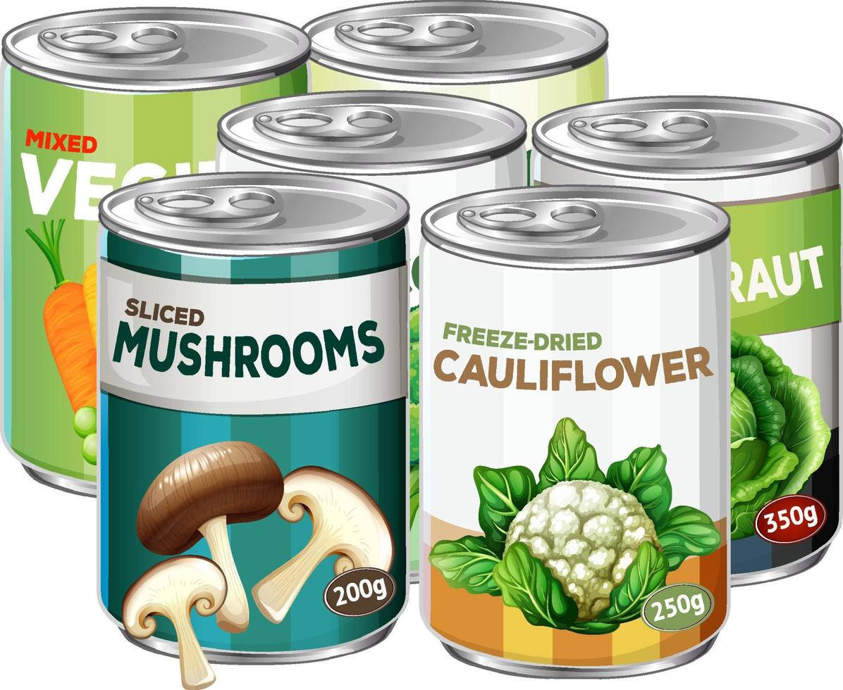Different vegetable canned food set vector