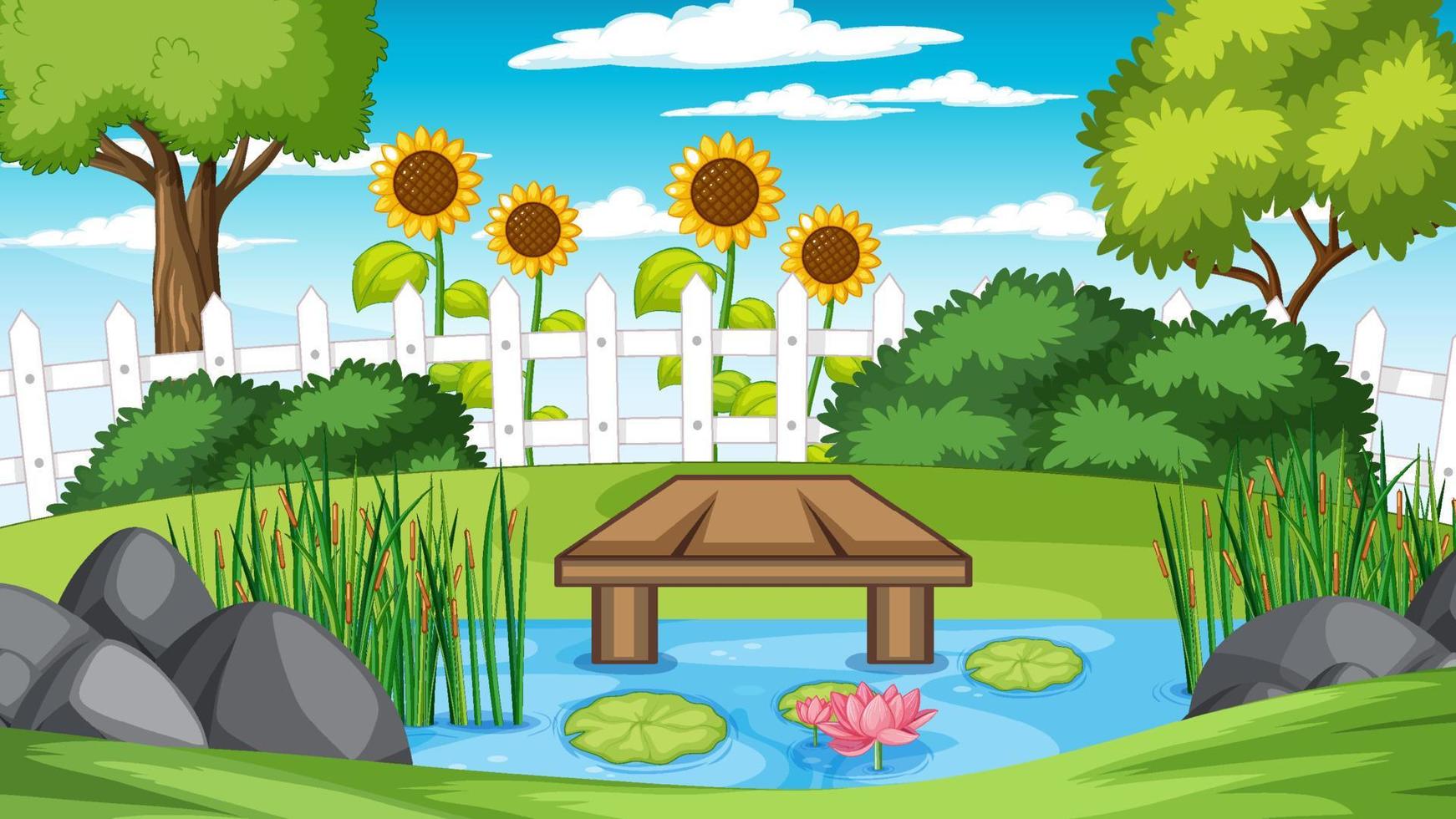 escena con flores y árboles junto al río vector