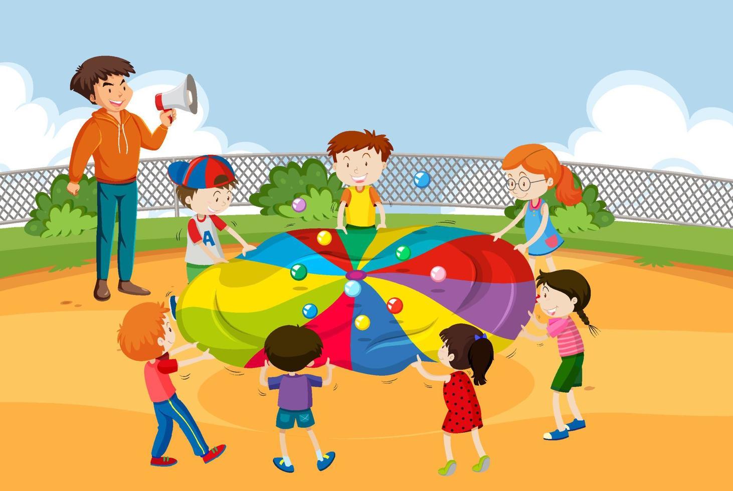 Kids doing physical activity with colourful balls vector