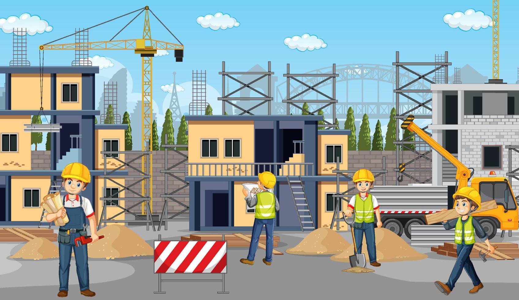 sitio de construcción de edificios con trabajadores vector