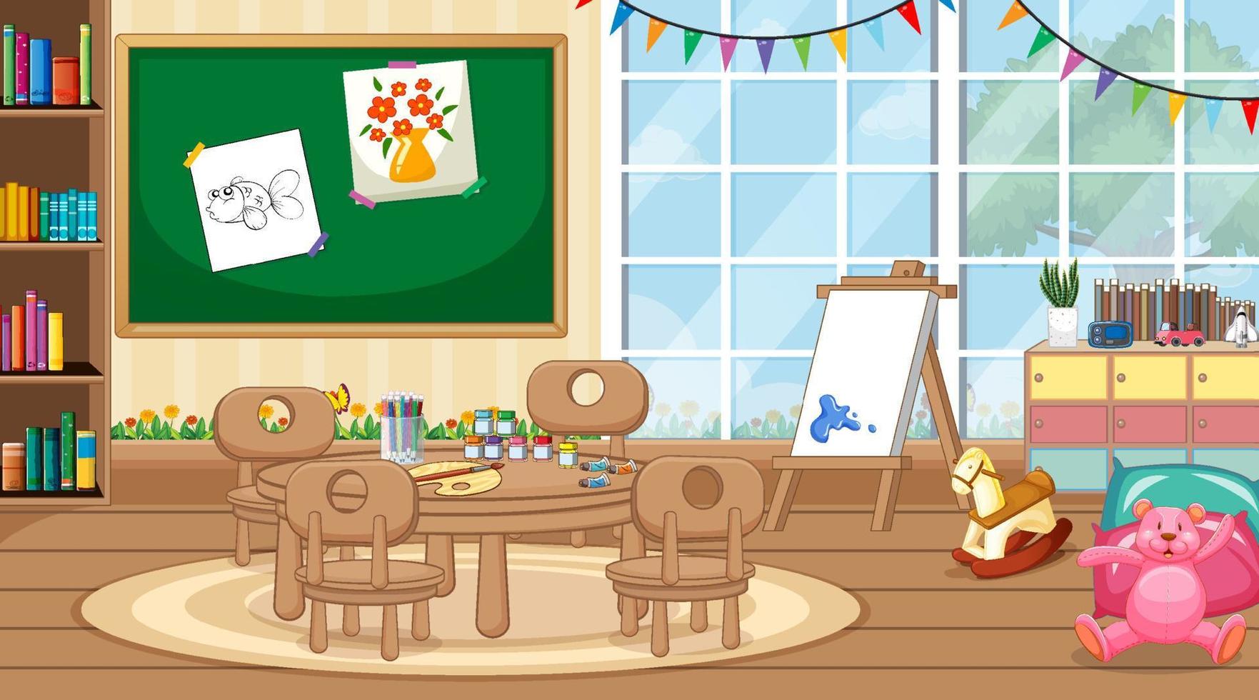 Scene with table and chairs in classroom vector