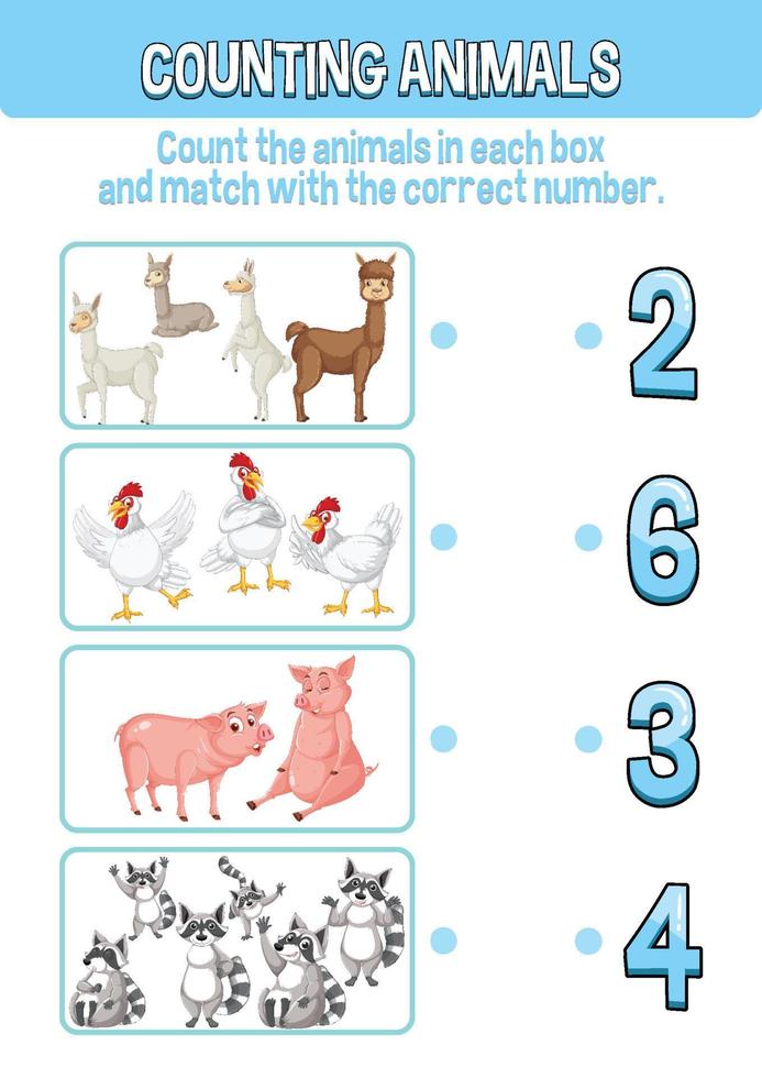 Worksheet design for counting animals vector