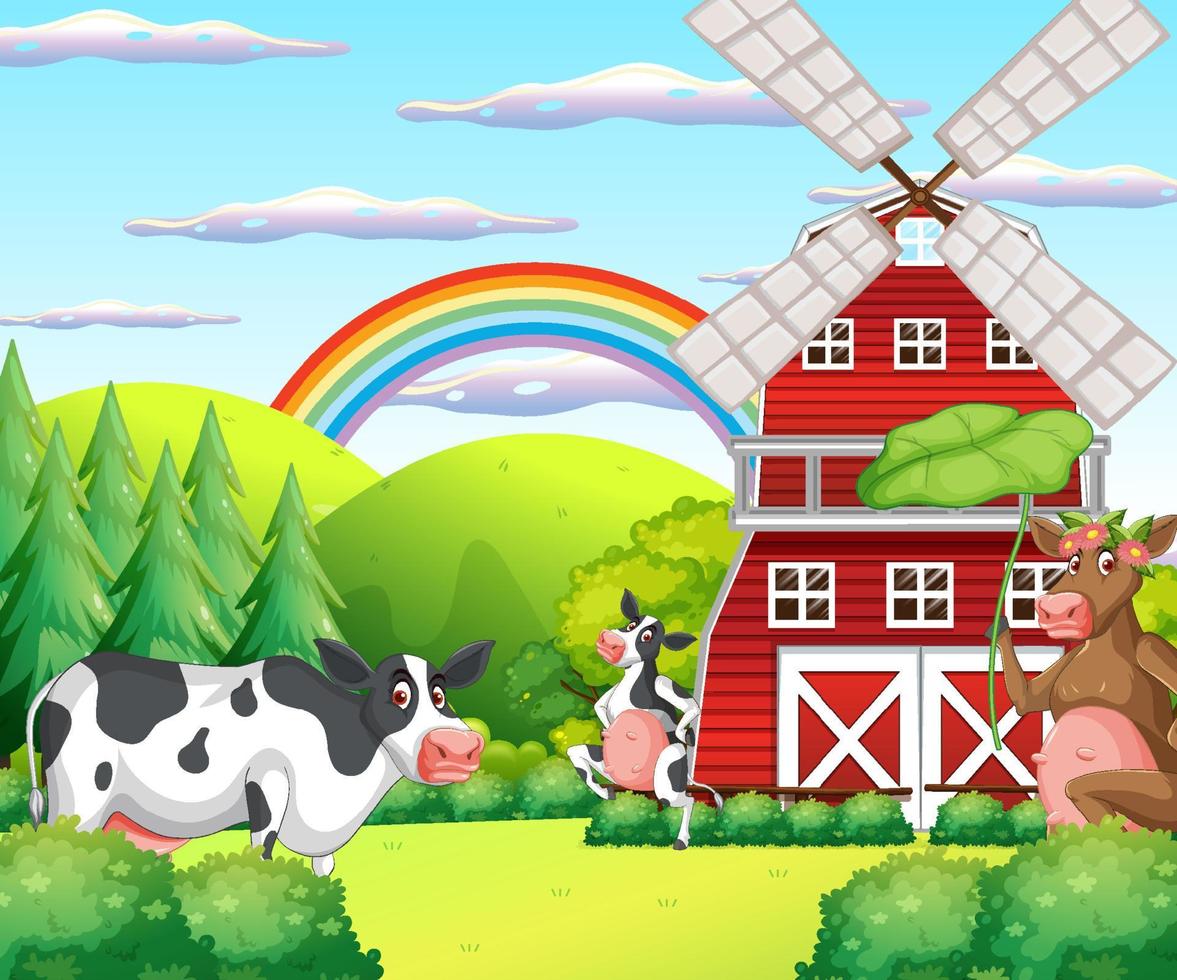 escena de granja de vacas al aire libre con dibujos animados de animales felices vector