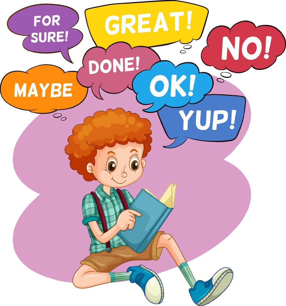 Speech bubbles with boy reading book vector