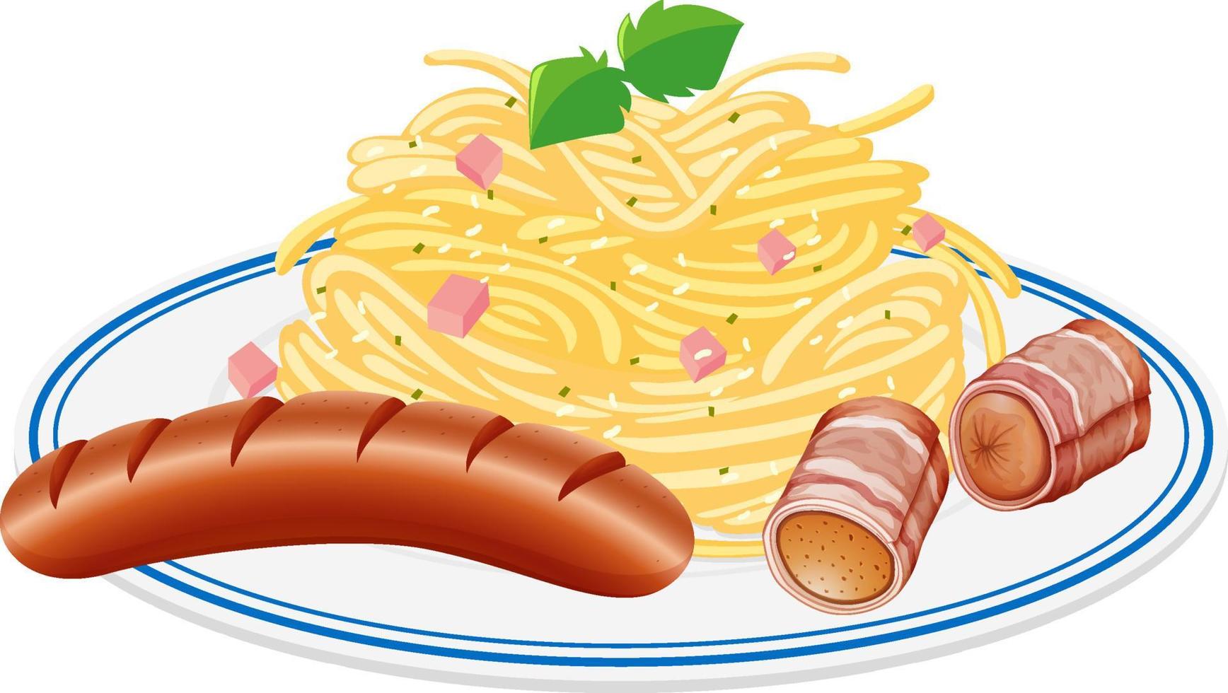 Spaghetti and sausage in a plate vector
