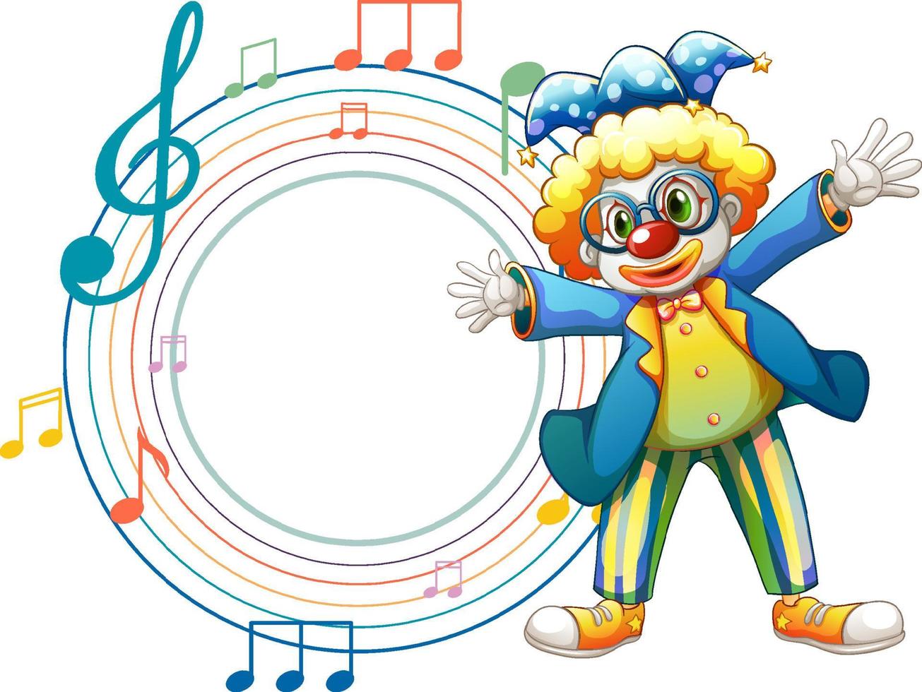 Cute clown with blank music note template vector