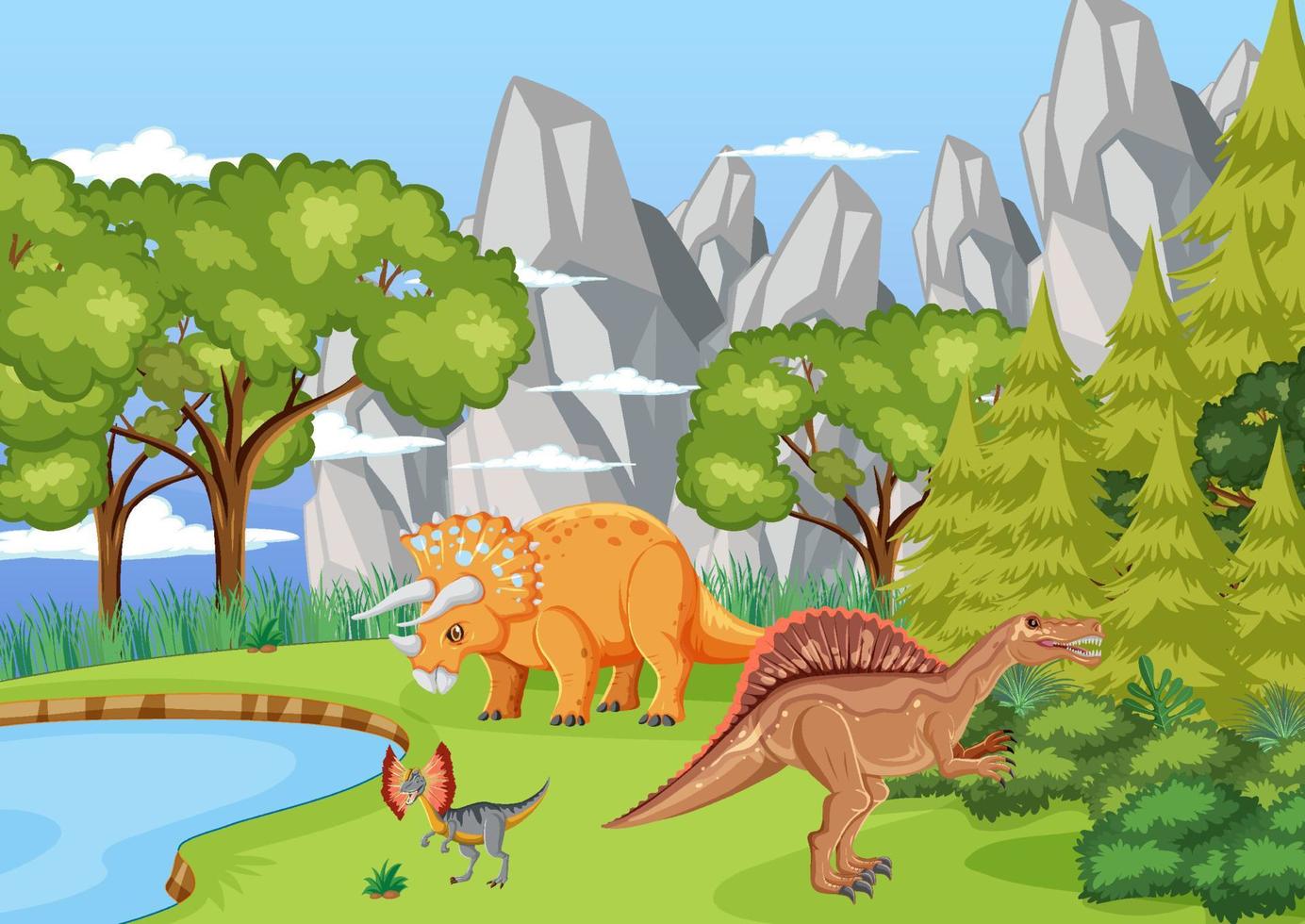 dinosaurio en la escena del bosque prehistórico vector