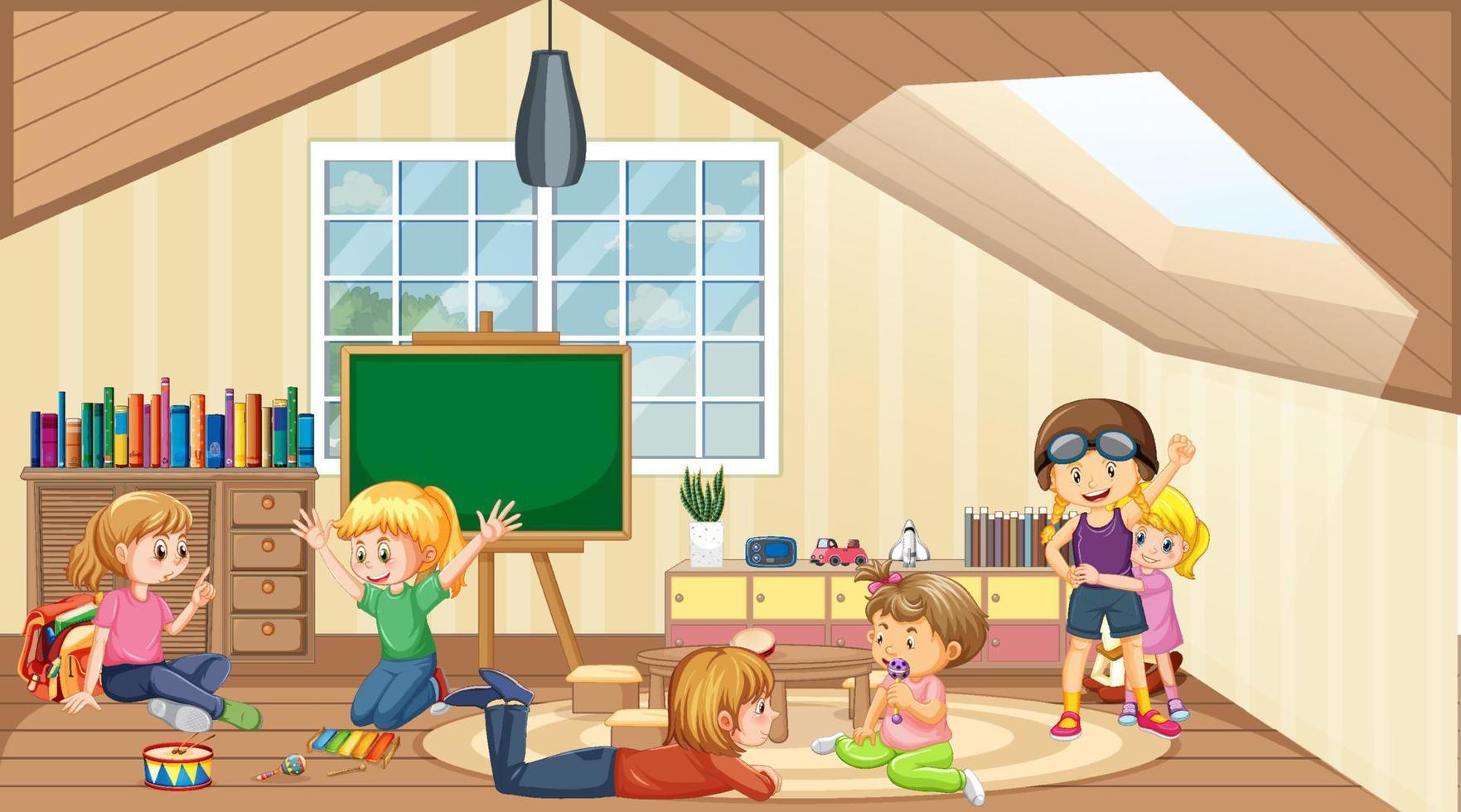 Scene of classroom with many children playing vector