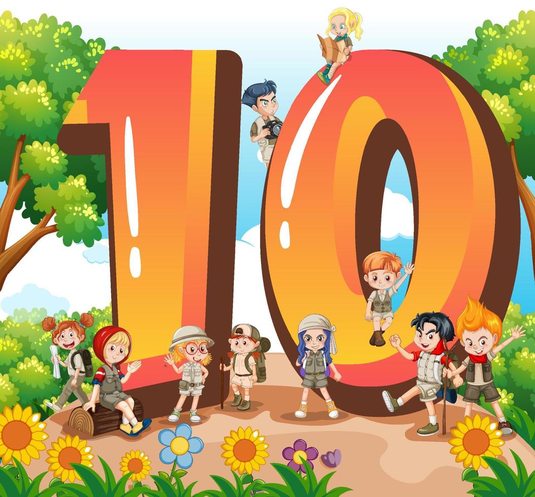 Ten kids with number ten cartoon vector