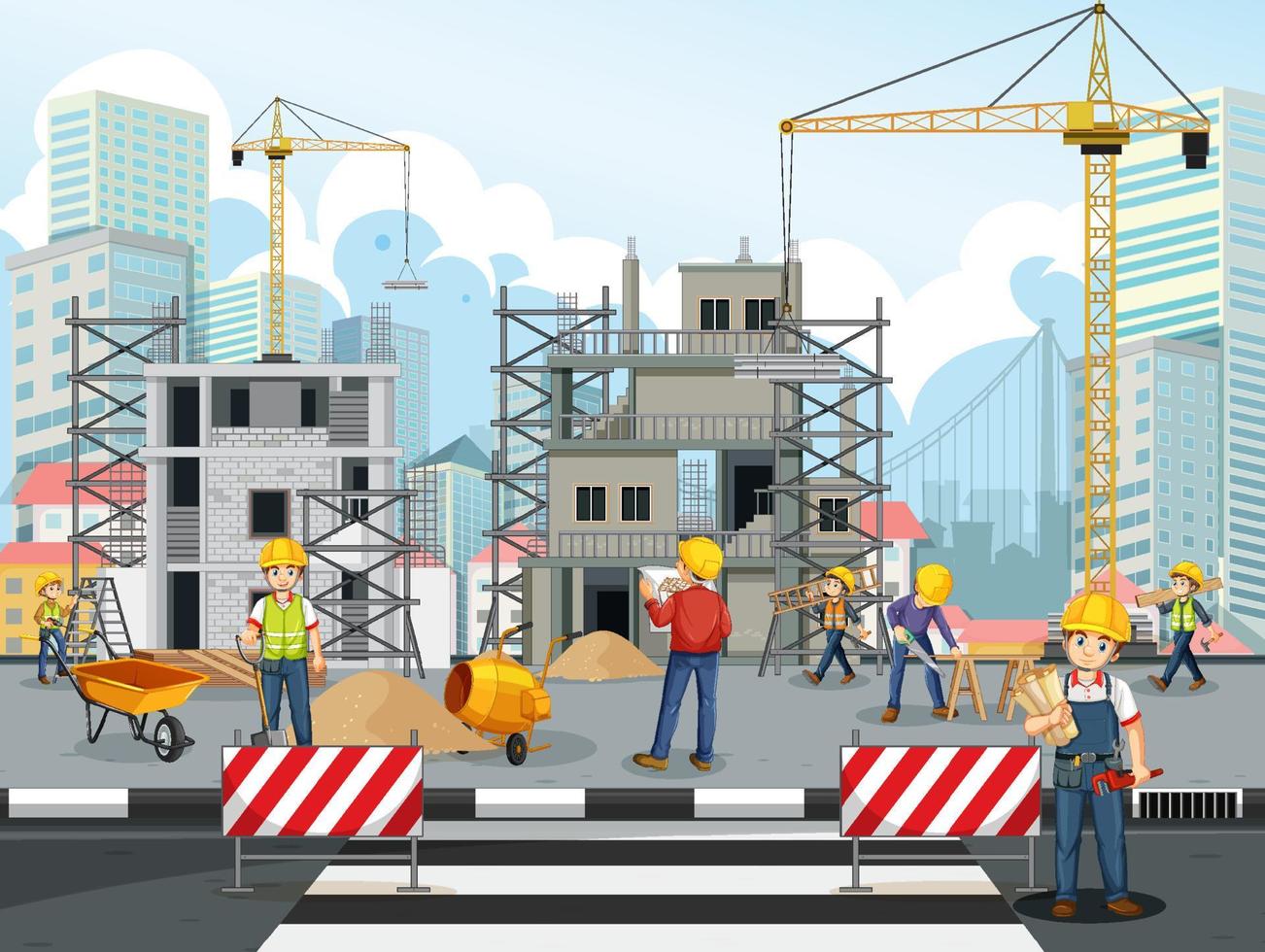 sitio de construcción de edificios con trabajadores vector